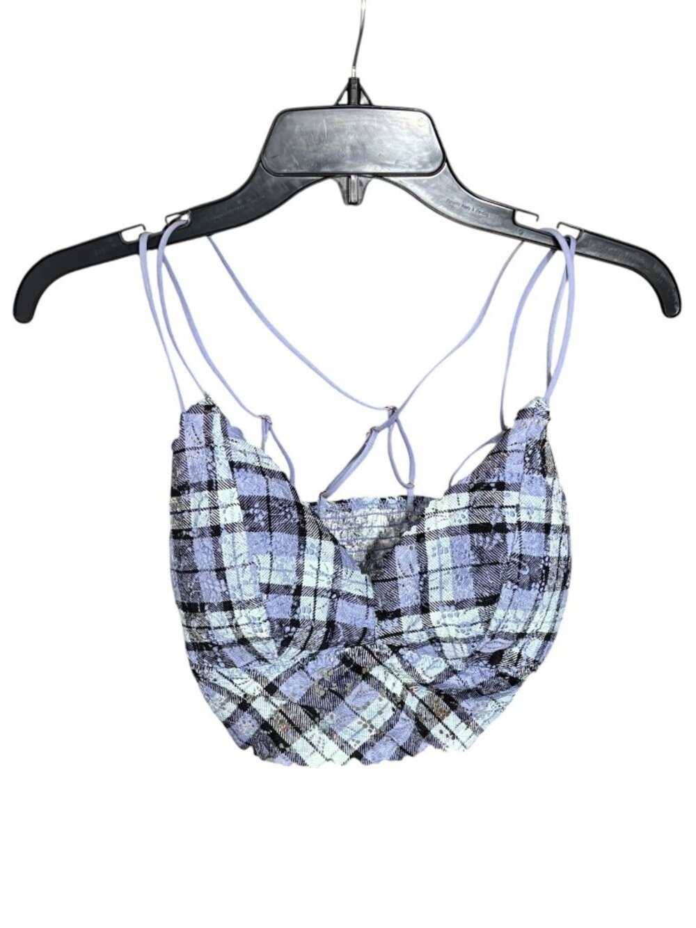 PINK Bralette Blue Plaid Checkered Lace Strappy Back Size Small